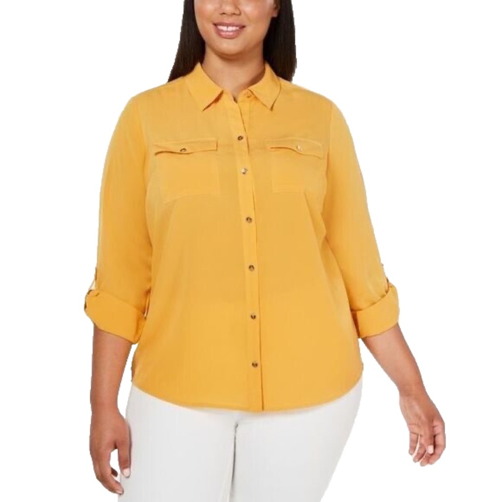 (NWT) Charter Club Women's Gold Button Front Roll-Tab Sleeve Shirt Plus 0X